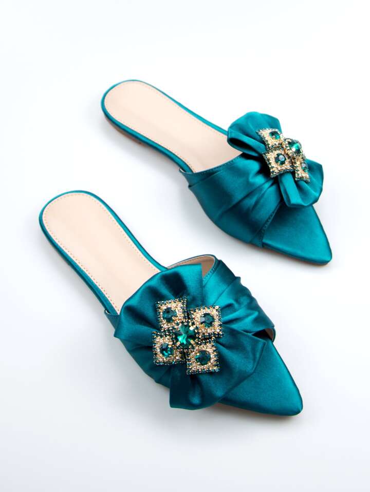CM-SHS723322 Women Trendy Seoul Style Rhinestone And Bow Decor Slide Satin Flat Sandals - Teal Blue