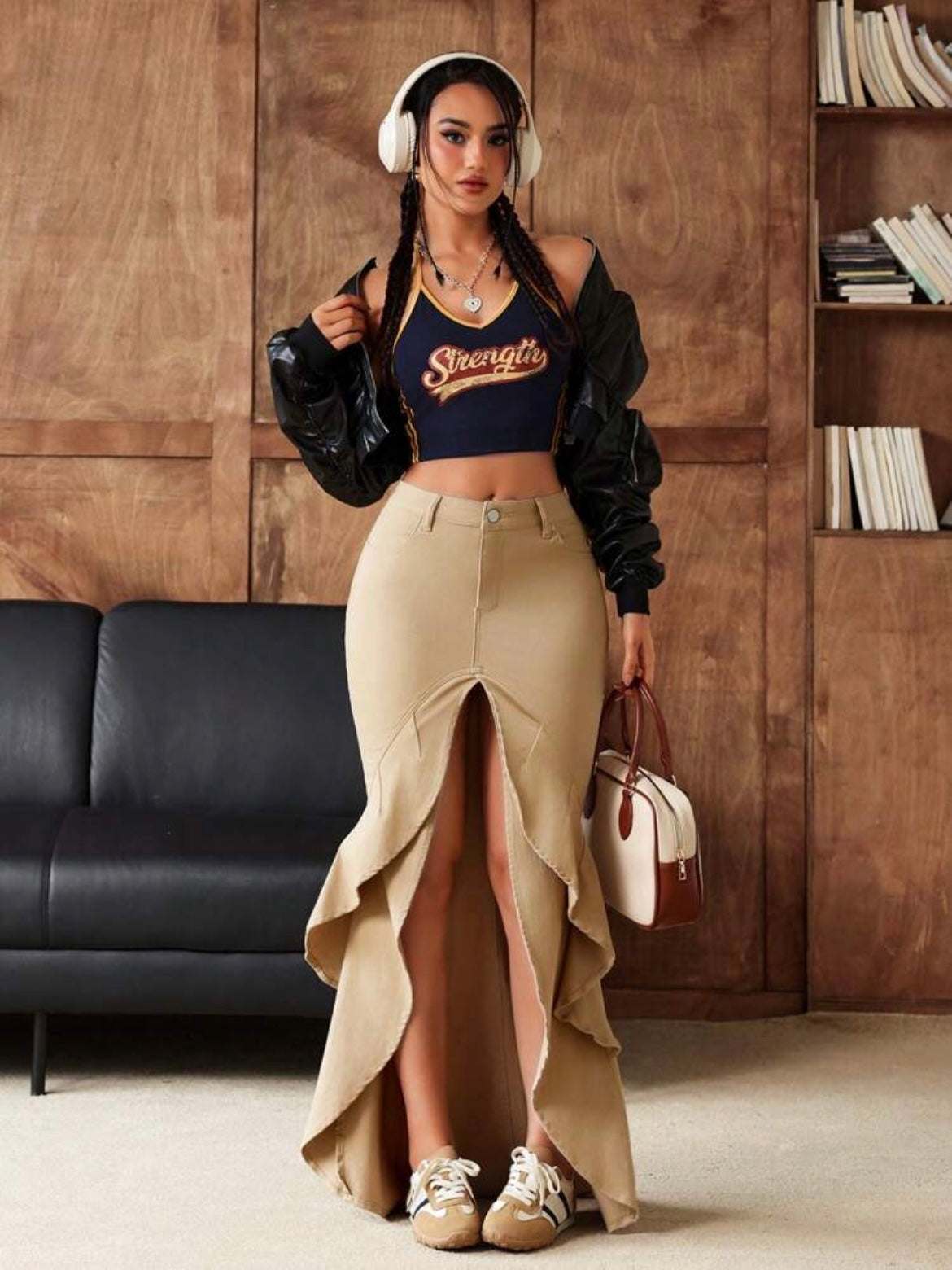 CM-BS925410 Women Casual Seoul Style Asymmetrical Ruffled Hem Side Slit Long Denim Skirt - Khaki