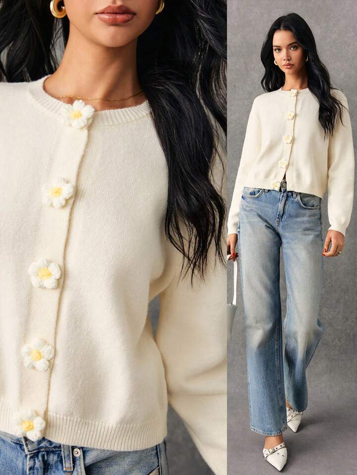 CM-CS805106 Women Casual Seoul Style Round Neck 3D Embellished Cropped Long Sleeve Cardigan