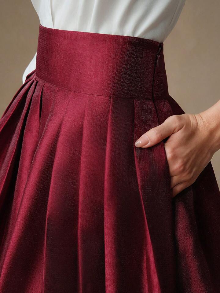 CM-BS386136 Women Elegant Seoul Style High Waisted Puff Pleated Long Skirt - Burgundy