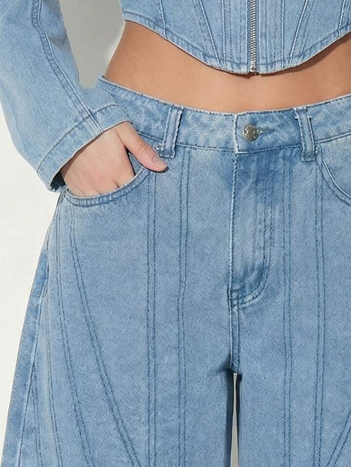 CM-BS077957 Women Casual Seoul Style Low Waist Extra Long Baggy Wide Leg Jeans - Blue
