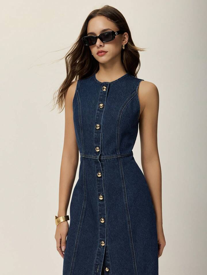 CM-BS846973 Women Casual Seoul Style Round Neck Front Button Sleeveless Midi Denim Dress