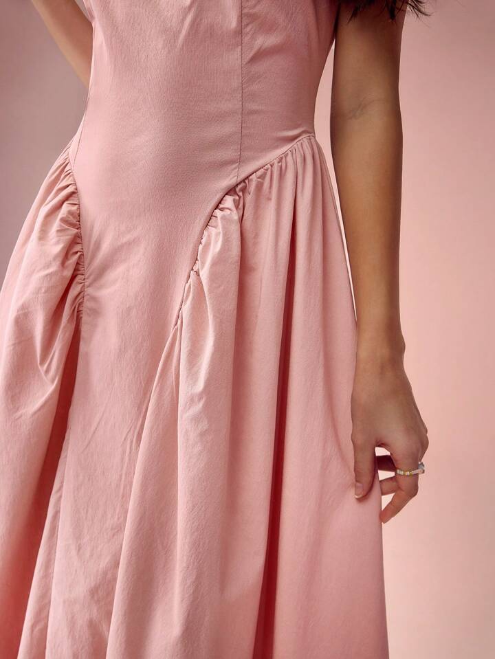 CM-DS145173 Women Elegant Seoul Style Solid Color Round Neck Pleated Long Sleeveless Dress - Pink
