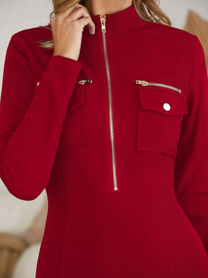 CM-DS287055 Women Elegant Seoul Style Stand Collar Zip Front Flap Pocket Dress - Red