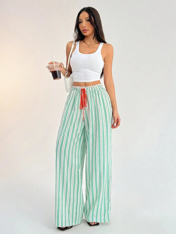 CM-BS773467 Women Casual Seoul Style Striped Mid-Rise Loose Wide-Leg Trousers - Green