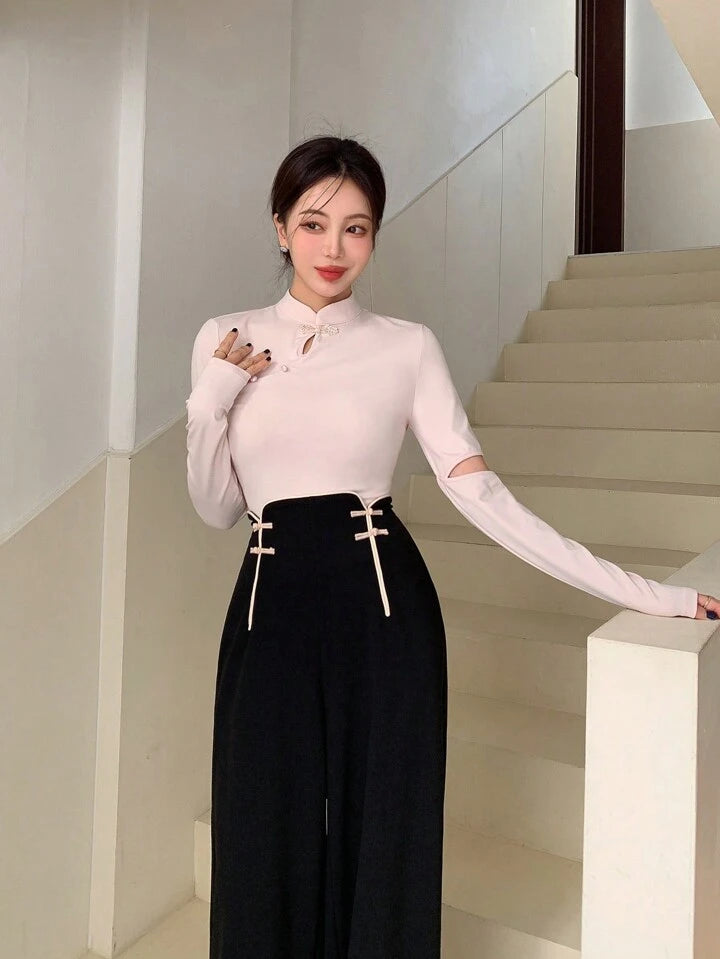 CM-BS345659 Women Casual Seoul Style Ultra High Waist Loose Straight Leg Pants - Black