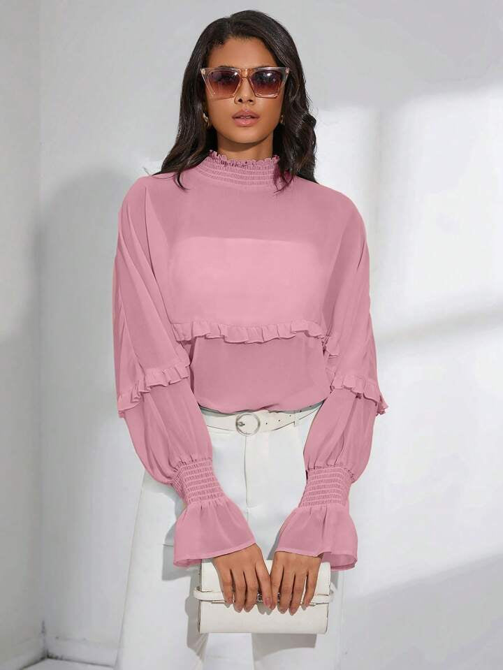 CM-TS187536 Women Trendy Bohemian Style Shirred Neck Batwing Sleeve Sheer Blouse - Pink