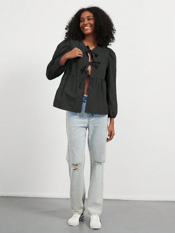 CM-TS989178 Women Casual Seoul Style Solid Color Puff Sleeve Tie-Front Shirt - Black