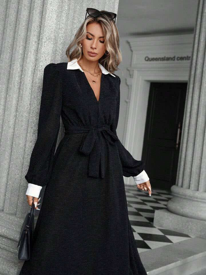 CM-DS489444 Women Elegant Seoul Style Color Block Waist Flattering Long Sleeve Dress