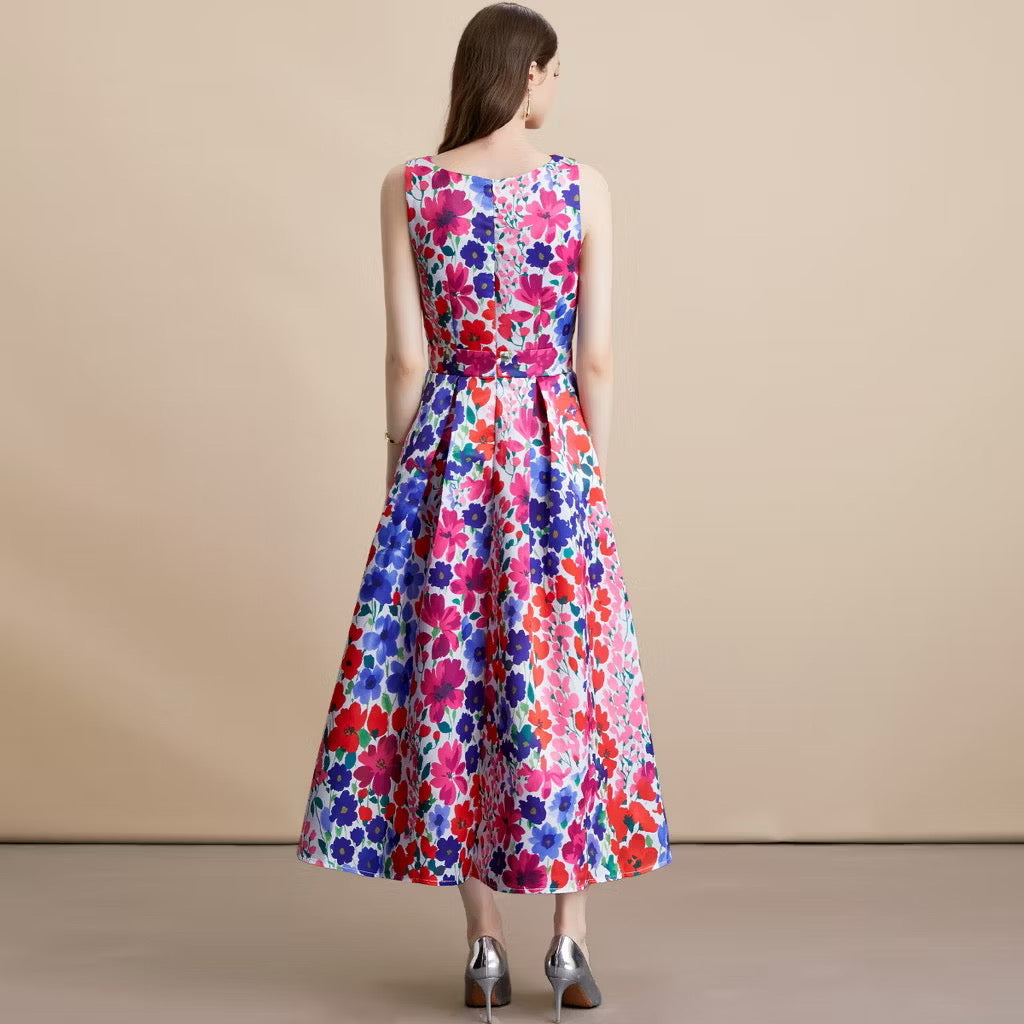CM-DY054100 Women Elegant European Style Floral Print Round Neck Sleeveless High Waist Mid-Length Dress