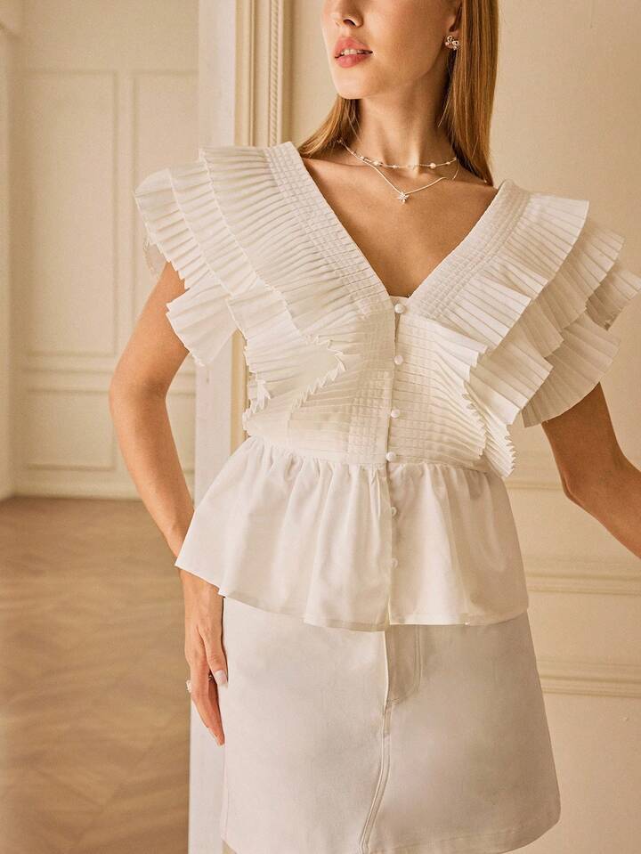 CM-TS670568 Women Elegant Seoul Style V-Neck Flounce Sleeve Multi-Layer Ruffle Pleated Blouse - White