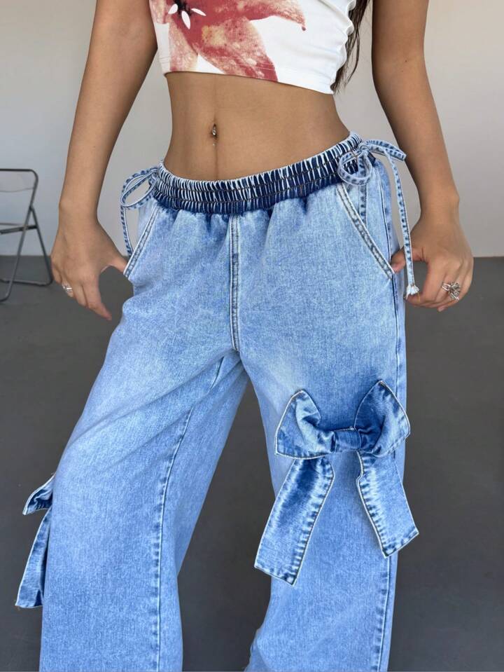 CM-BS959212 Women Casual Seoul Style Bow Decor Patch Pocket Wide Leg Denim Jeans - Blue