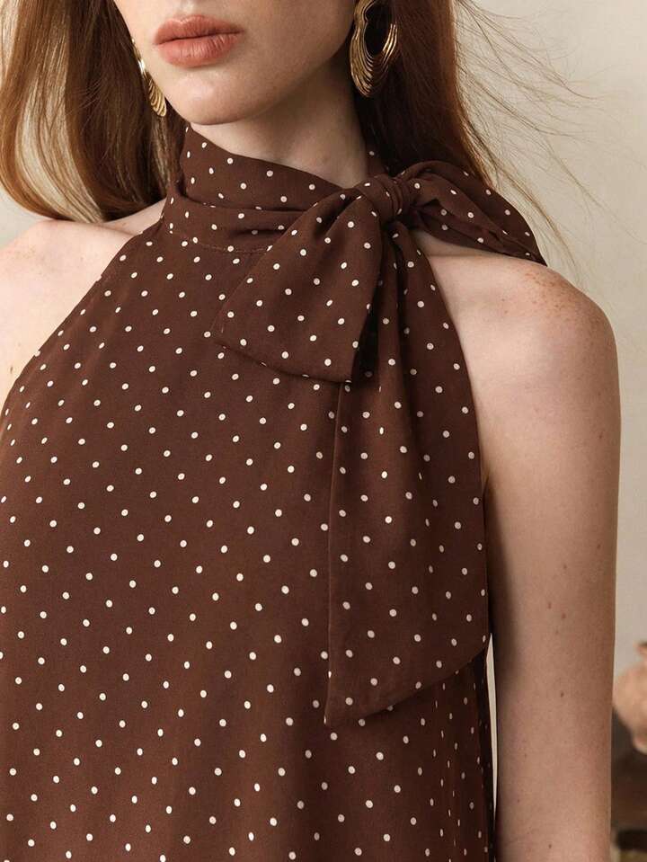 CM-SS926927 Women Trendy Bohemian Style Chiffon Polka Dot Print Sleeveless Halter Neck Top With Skirt - Set
