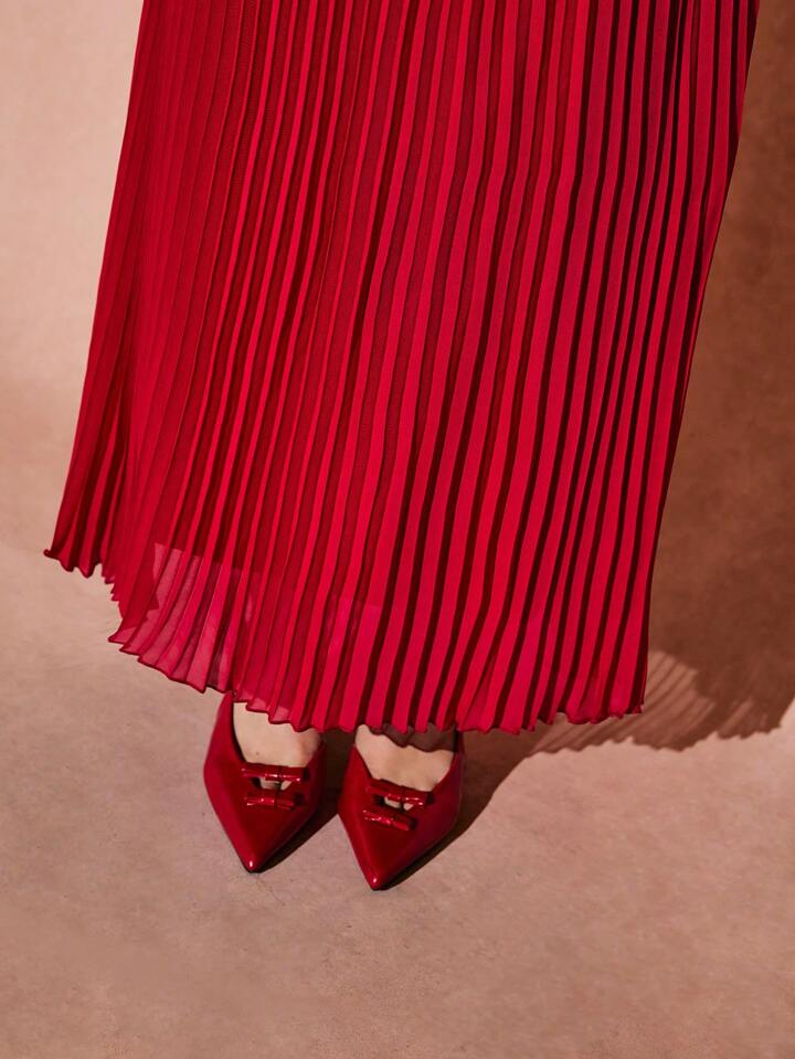 CM-BS418853 Women Elegant Seoul Style Plain Pleated A-Line Maxi Skirt - Burgundy