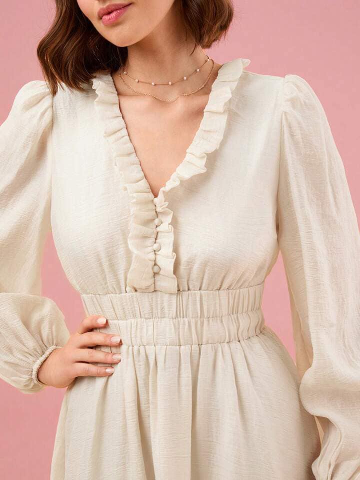 CM-DS994746 Women Elegant Seoul Style V-Neck Frill Trim Lantern Sleeve Maxi Dress - Apricot