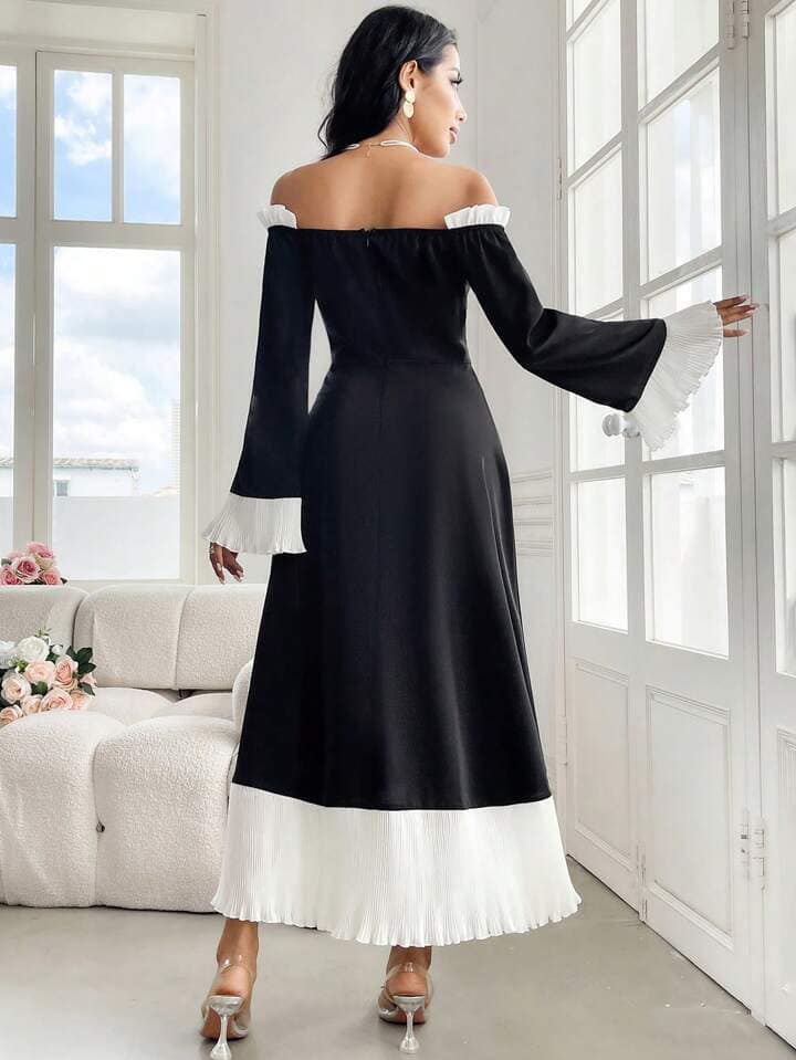 CM-DS391444 Women Elegant Seoul Style Color Block Off Shoulder Pleated Long Sleeve Midi Dress - Black