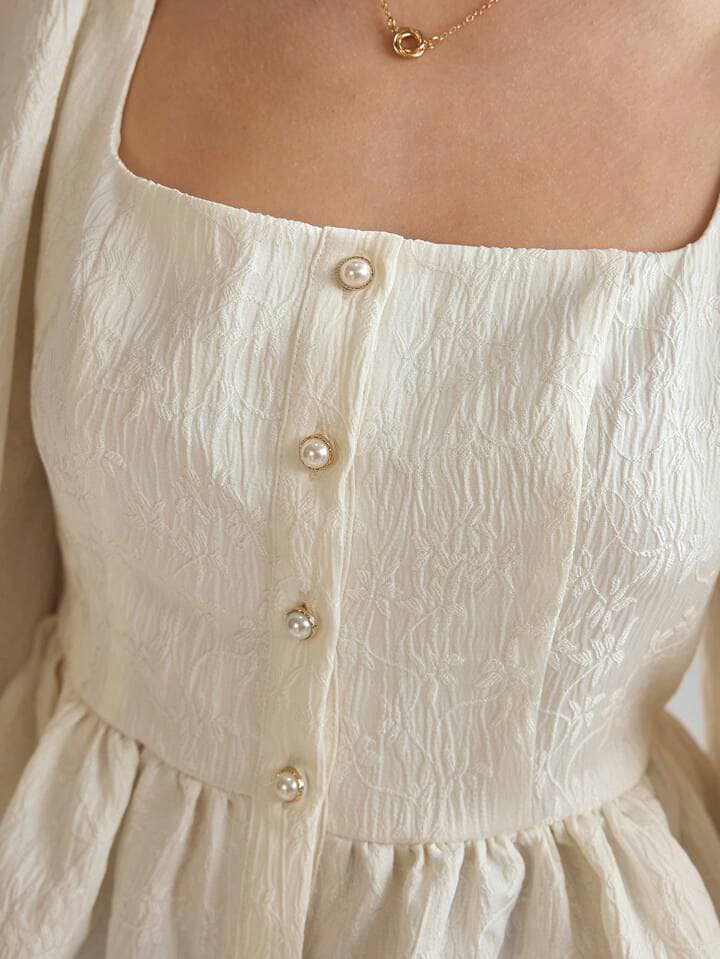 CM-TS621308 Women Elegant Seoul Style Solid Color Square Collar Long Sleeve Shirt - Apricot