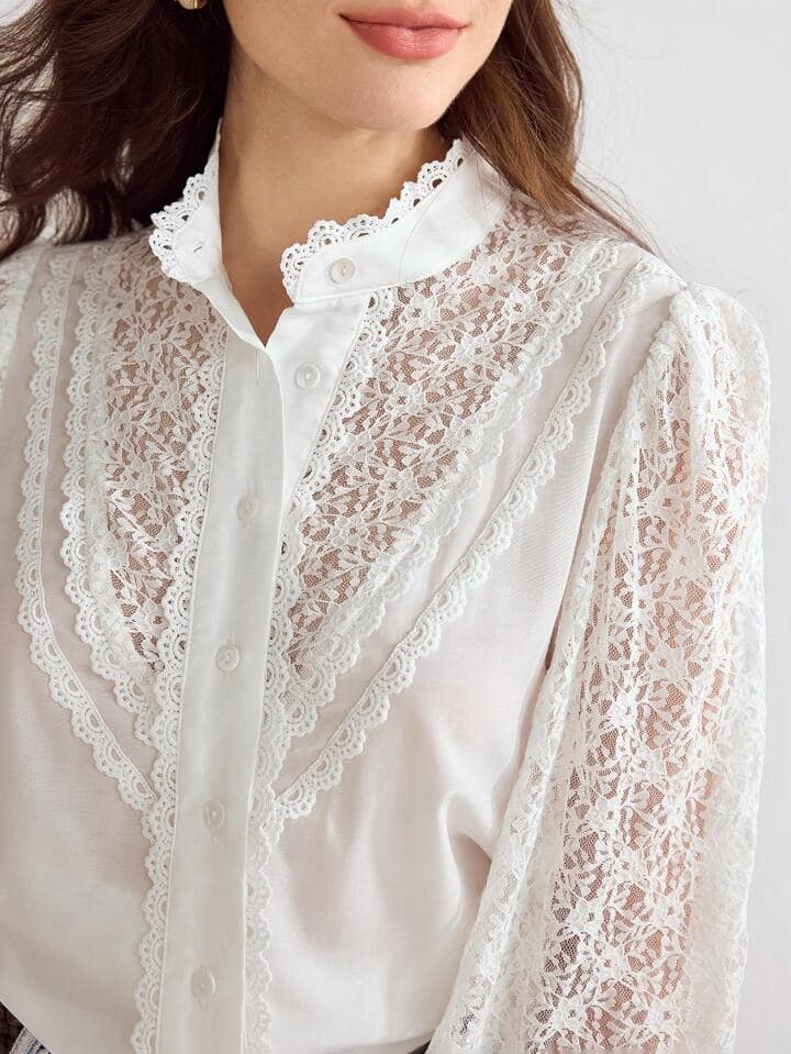 CM-TS578255 Women Elegant Seoul Style Stand Collar Contrast Lace Flounce Sleeve Blouse - White