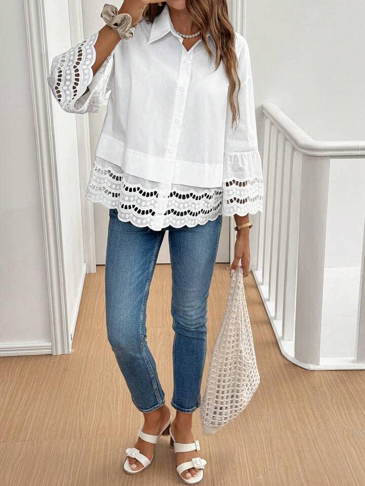 CM-TS144416 Women Trendy Bohemian Style Eyelet Embroidery Flounce Sleeve Shirt - White