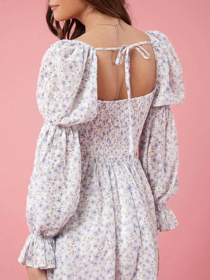 CM-DS612012 Women Elegant Seoul Style Ditsy Floral Sweetheart Collar Puff Sleeve Short Dress - Blue