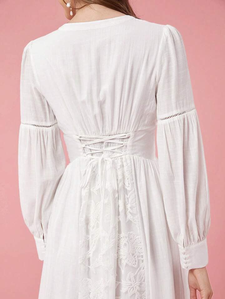 CM-DS178927 Women Elegant Seoul Style Solid Color V-Neck Long Sleeve A-Line Maxi Dress - White