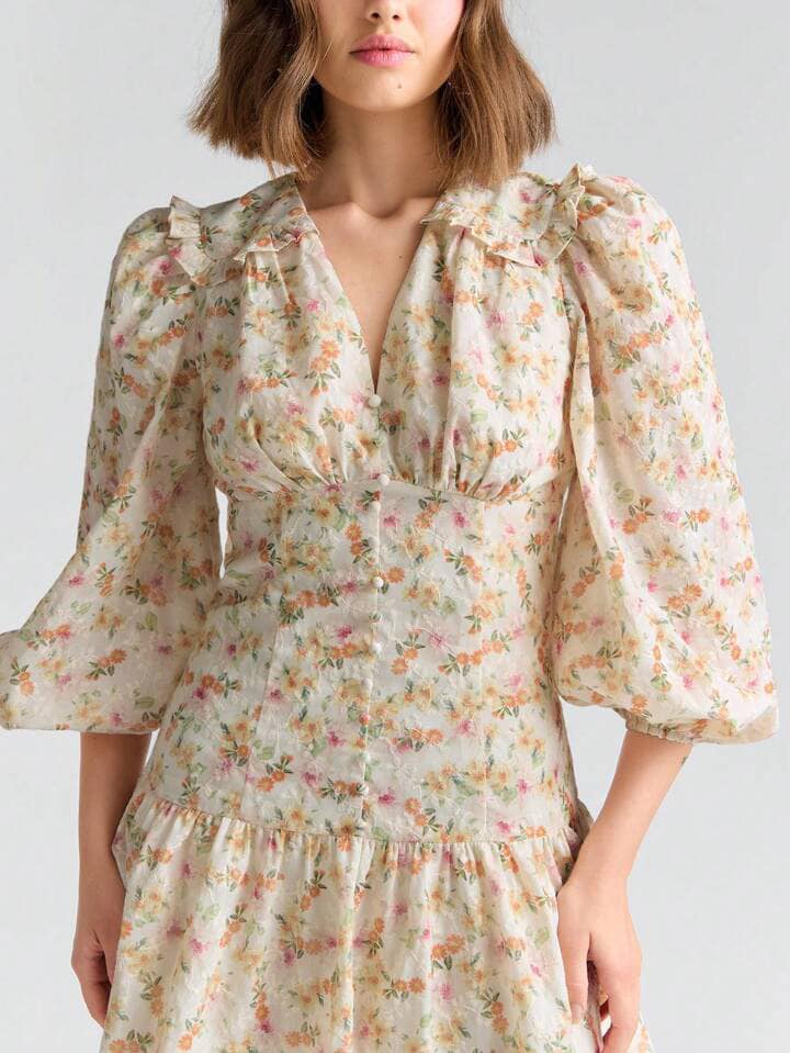 CM-DS072246 Women Elegant Seoul Style Ditsy Floral Print Lantern Sleeve Ruffle Hem Dress - Yellow