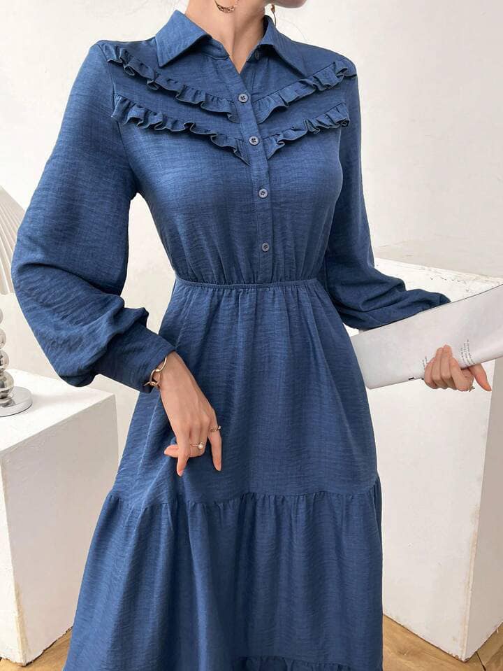 CM-DS499021 Women Elegant Seoul Style Solid Color Lantern Sleeve A-Line Long Dress - Blue