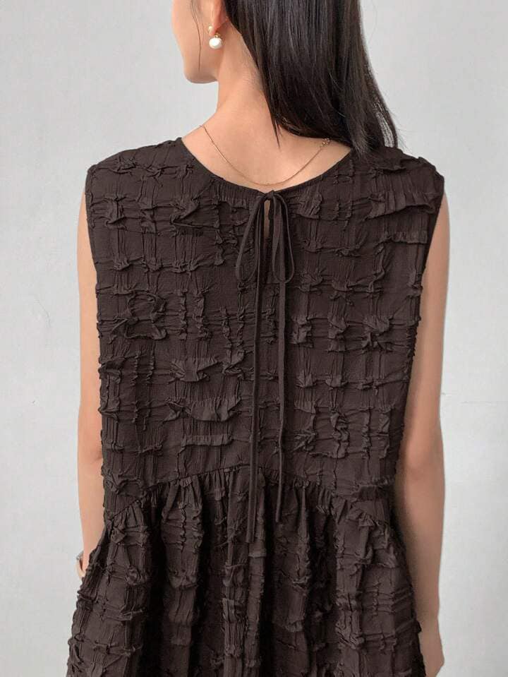 CM-DS383673 Women Trendy Bohemian Style Solid Round Neck Sleeveless Smock Dress - Brown