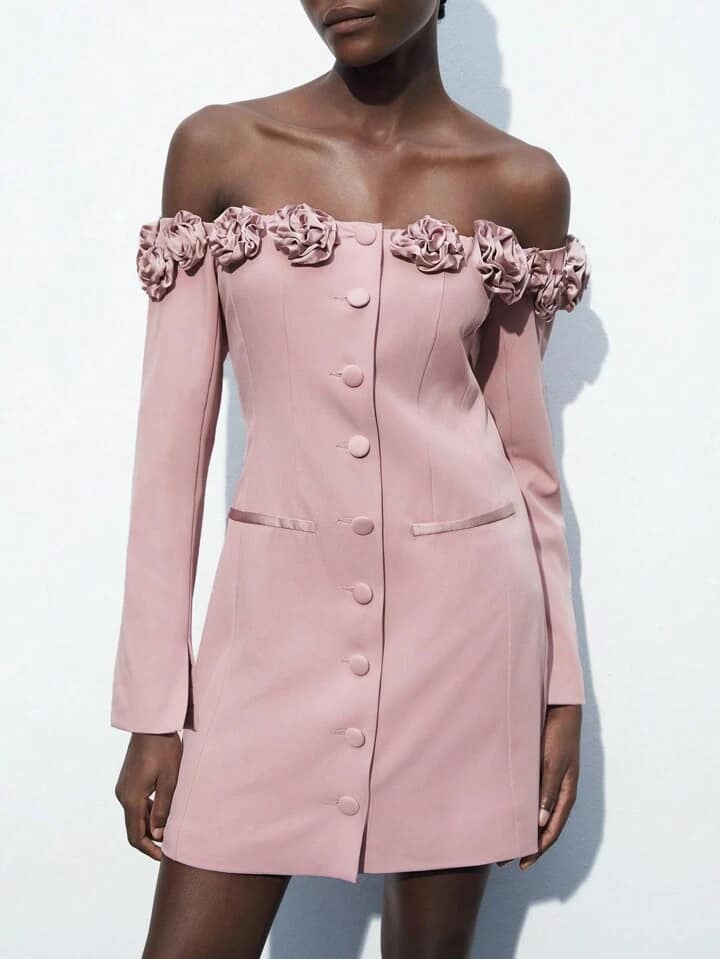 CM-DS986919 Women Elegant Seoul Style 3D Floral Off the Shoulder Long Sleeve Mini Dress - Pink