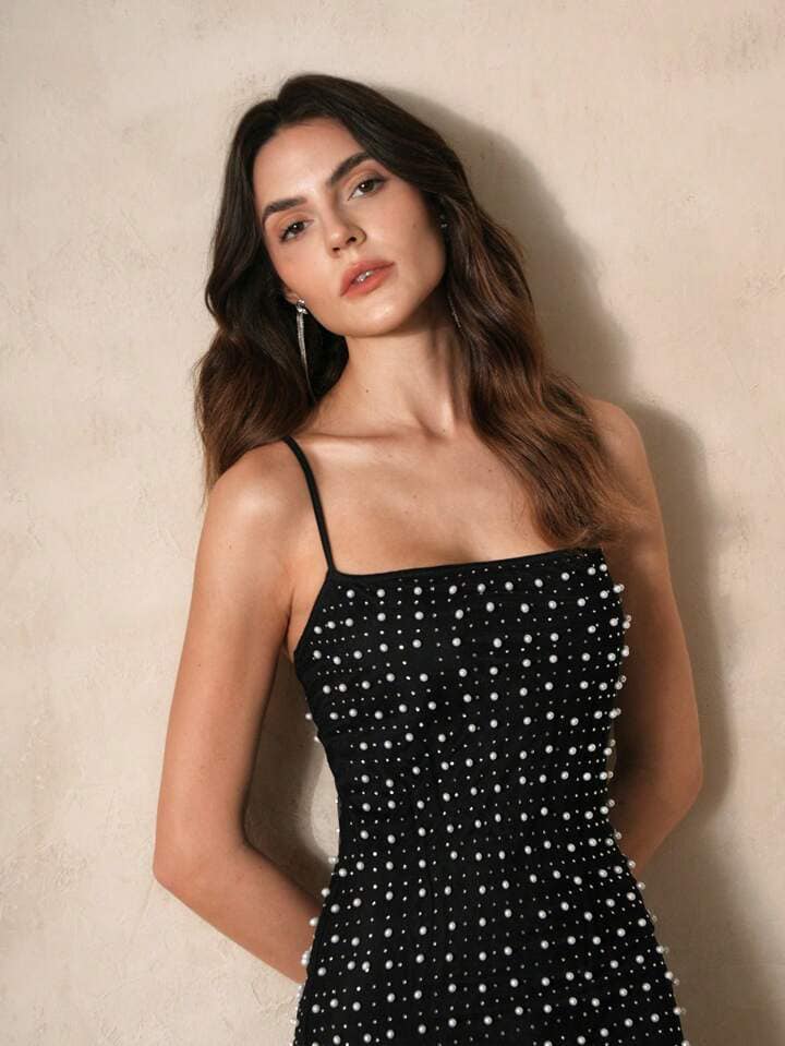 CM-DS505060 Women Elegant Seoul Style Sequin Patchwork Strappy Sleeveless Dress - Black
