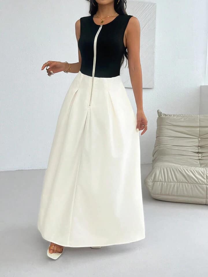 CM-DS340550 Women Casual Seoul Style Sleeveless Colorblock Patchwork Round Neck Sleeveless Maxi Dress