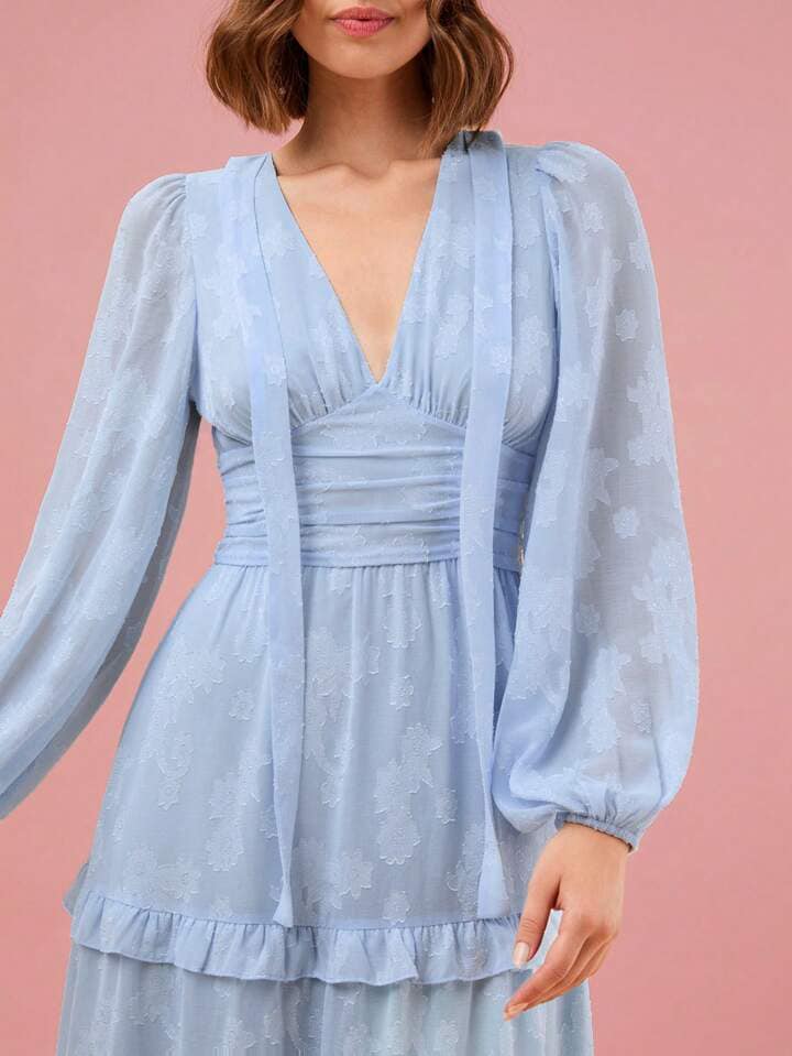 CM-DS366474 Women Elegant Seoul Style V-Neck Printed Long Sleeve A-Line Maxi Dress - Baby Blue