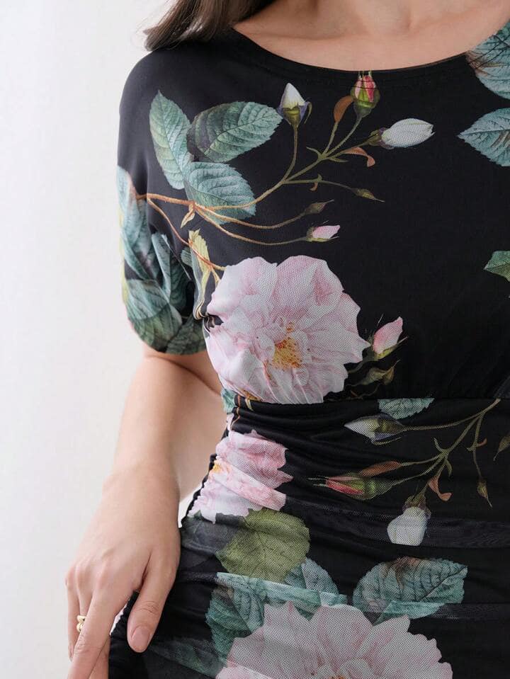CM-DS046004 Women Elegant Seoul Style Floral Print Round Neck Short Sleeve Mermaid Dress