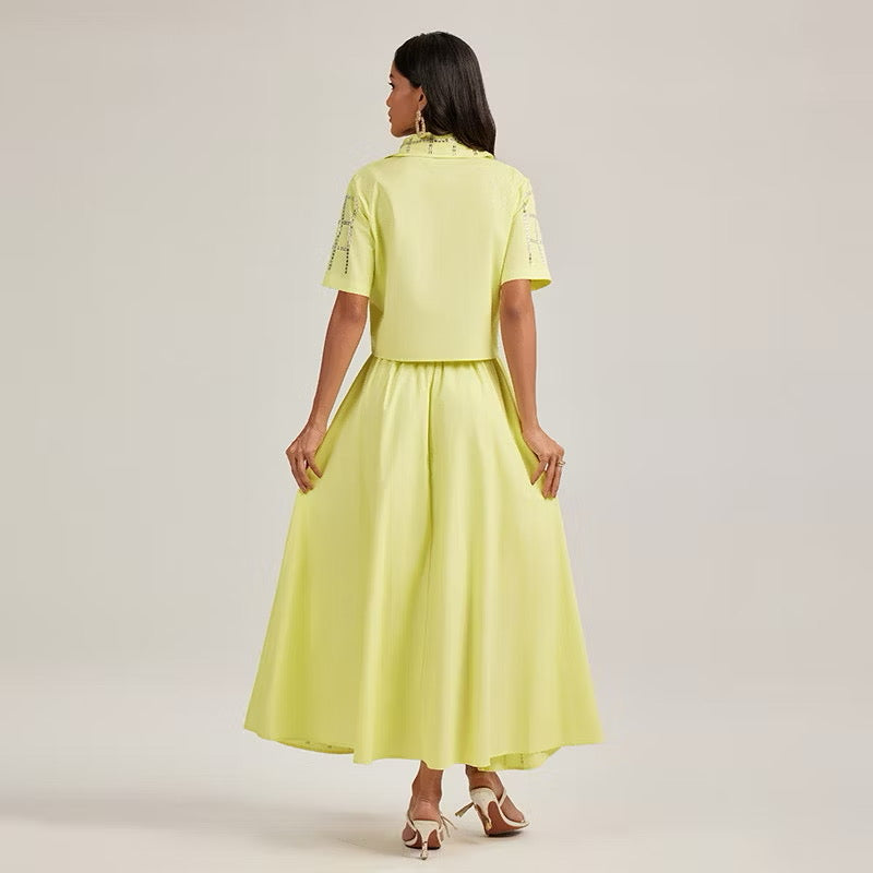 CM-SY044424 Women Elegant European Style Lapel Neckline Short Sleeve Shirt With Long Skirt - Set