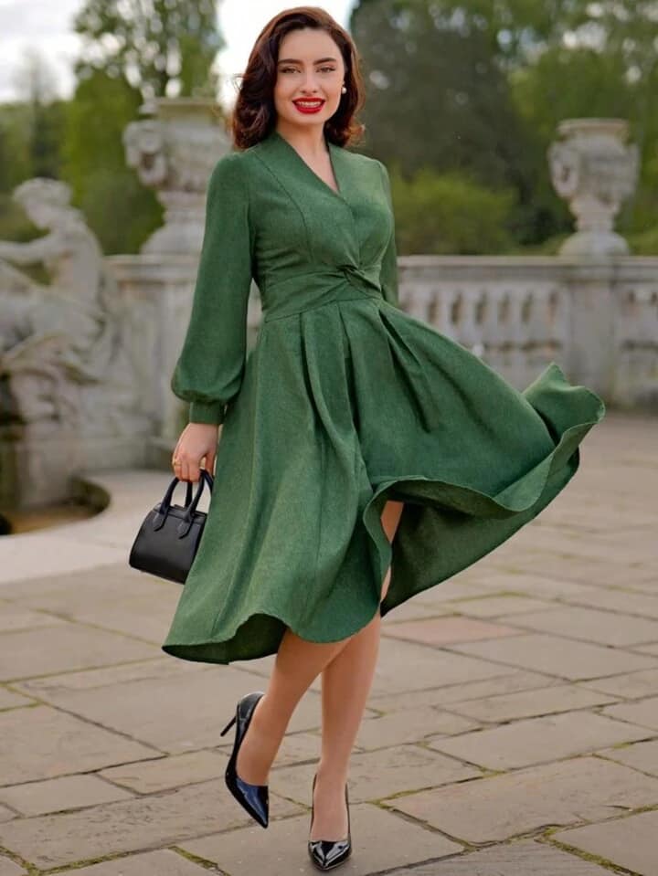 CM-DS422575 Women Elegant Seoul Style V-Neck Knot Puff Sleeve Long Sleeve A-Line Dress - Green