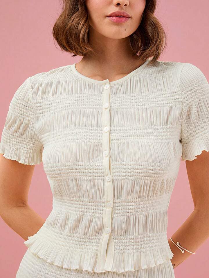 CM-SS639379 Women Elegnat Seoul Style Solid Color Round Neck Short Sleeve Shirt With Maxi Skirt - Set
