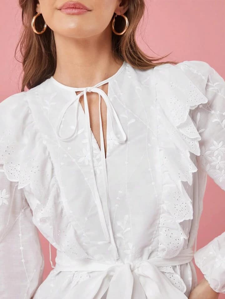 CM-DS001565 Women Elegant Seoul Style Tie Collar Lantern Sleeve Patchwork Ruffle Hem Mini Dress