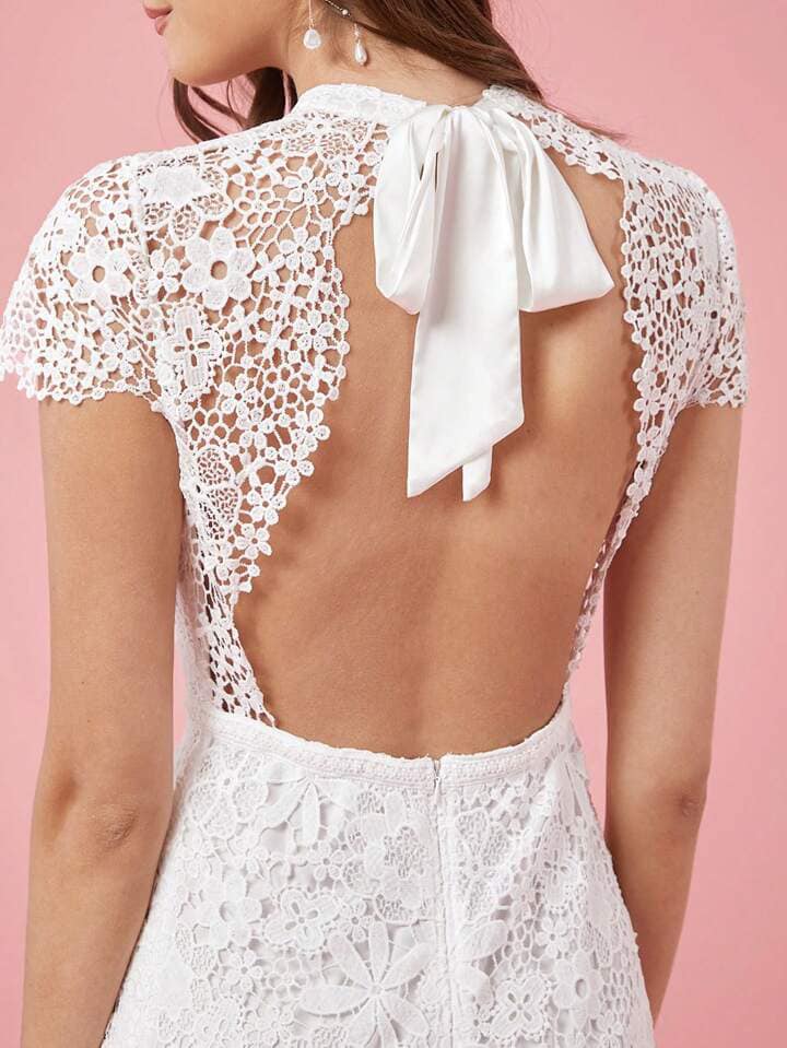 CM-DS280582 Women Elegant Seoul Style Lace Hollow Crew Neck Short Sleeve Long Dress - White