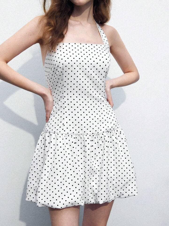 CM-DS273362 Women Casual Seoul Style Polka Dot Lantern Sleeve Cinched Waist Mini Dress - White