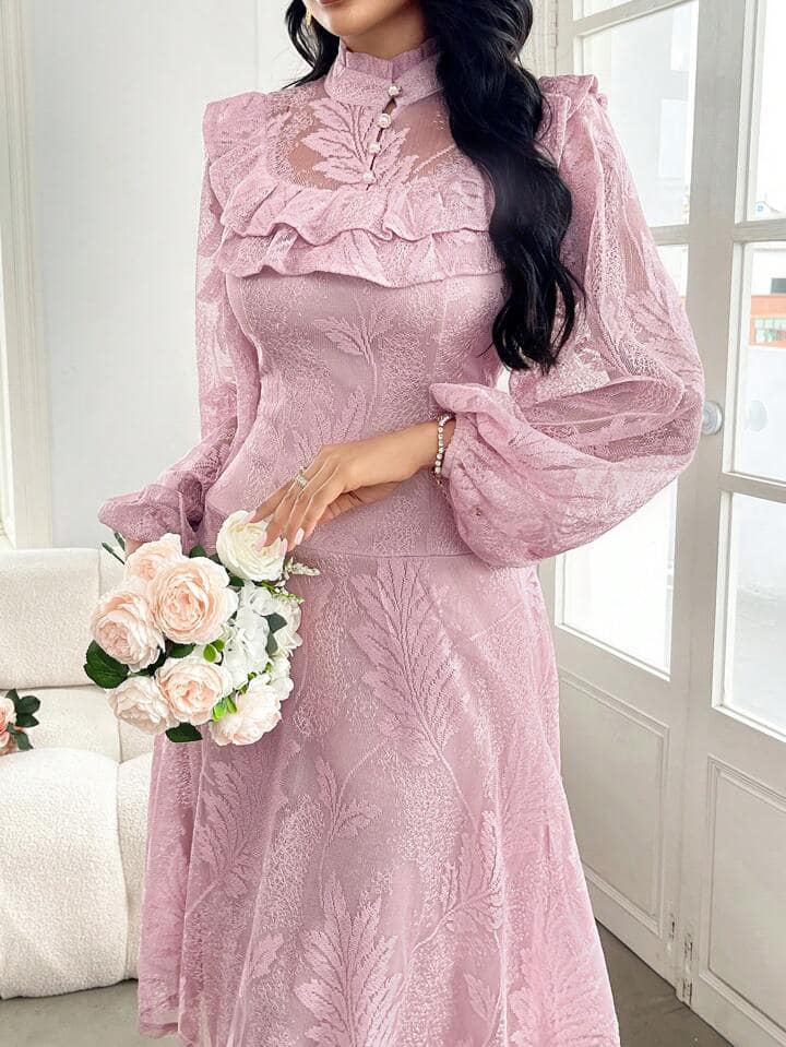 CM-DS666601 Women Elegant Seoul Style Embroidery Decorated Stand Collar Long Sleeve Dress - Pink