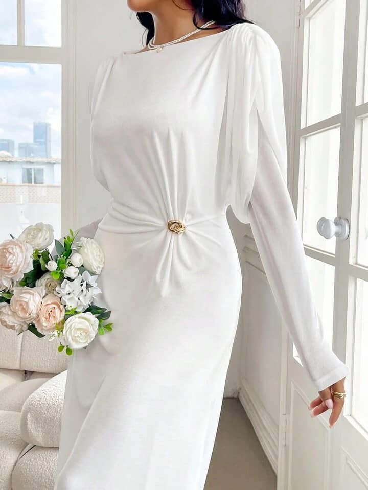 CM-DS656784 Women Elegant Seoul Style Solid Color Pleated Round Neck Long Sleeve Midi Dress - White