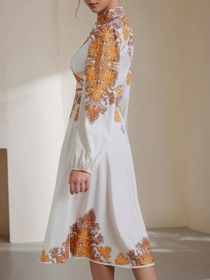 CM-DS255291 Women Elegant European Style Waist Cinched Long Sleeve Dress With Button Decor Print