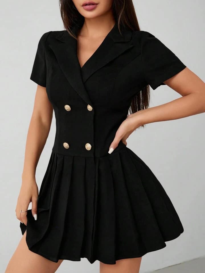CM-DS664280 Women Elegant Seoul Style Solid Lapel Collar Double-Breasted Pleated Mini Dress - Black