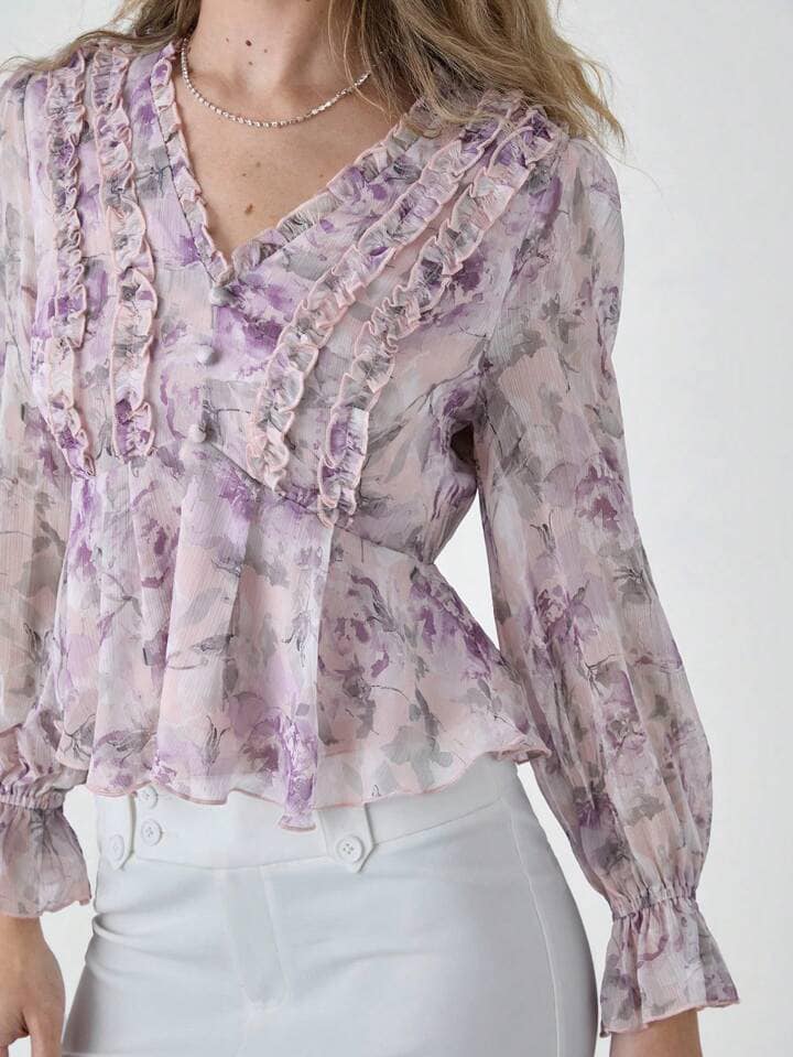 CM-TS586855 Women Elegant Seoul Style Lace Lace Floral Print Long-Sleeved Shirt - Purple