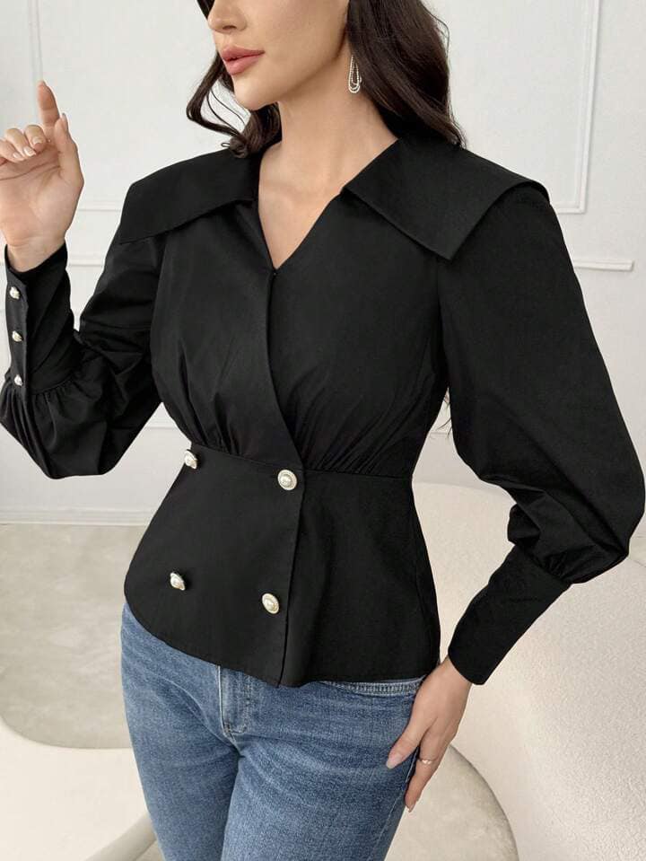 CM-TS585521 Women Elegant Seoul Style Solid Color Button Decorated V-Neck Long Sleeve Blouse
