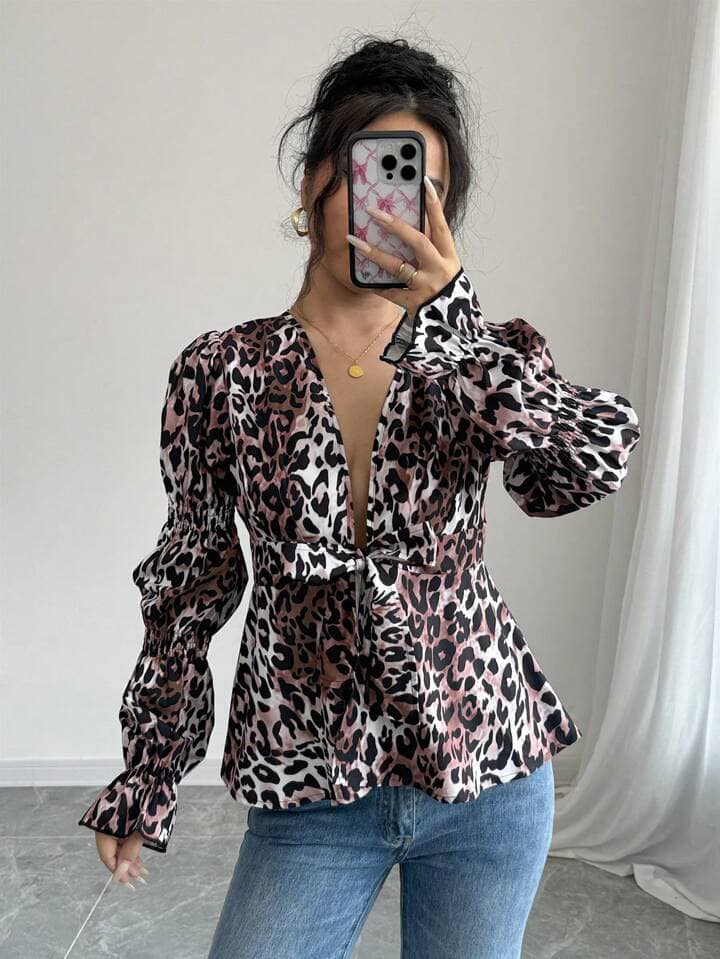CM-TS614776 Women Casual Seoul Style Front Open Tie Waist Long Sleeve All-Over Print Blouse