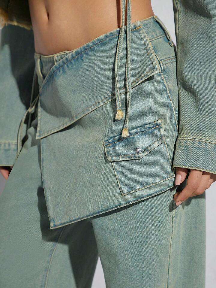 CM-BS258860 Women Casual Seoul Style Light Wash Irregular Waist Tie Solid Color Long Jeans