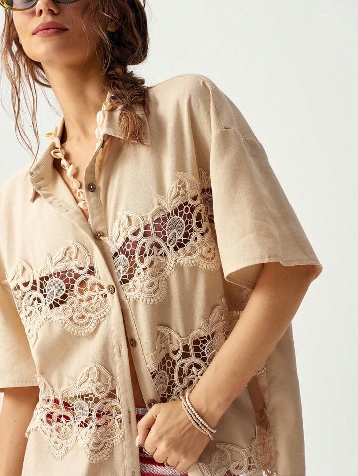 CM-TS735370 Women Trendy Bohemian Style Lace Patchwork Short Sleeve Blouse - Apricot