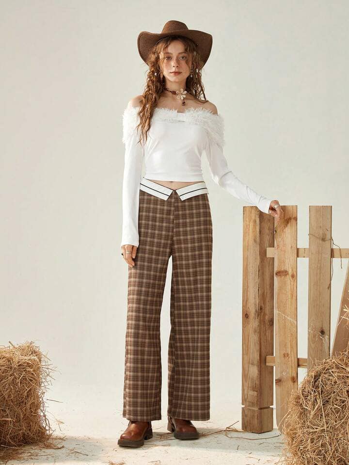 CM-BS887686 Women Casual Seoul Style Plaid Fold-Over Waist Straight Leg Pants - Brown
