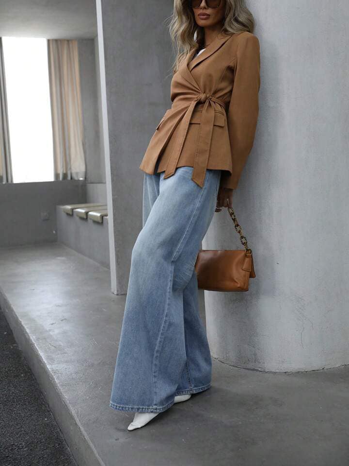 CM-CS867626 Women Elegant European Style Cinched Cinched Waist Front Blazer - Brown